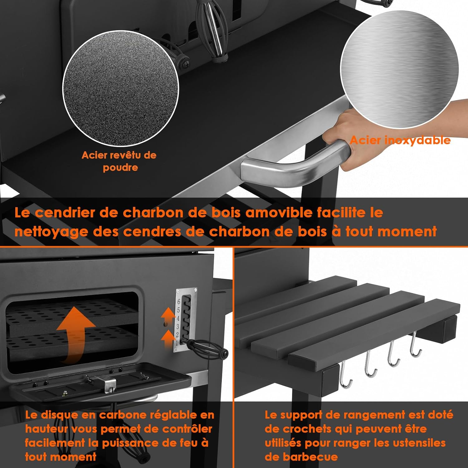 Barbecue au Charbon de Bois - XXL avec couvercle, roues, thermomètre - 152x136x60cm, grande capacité