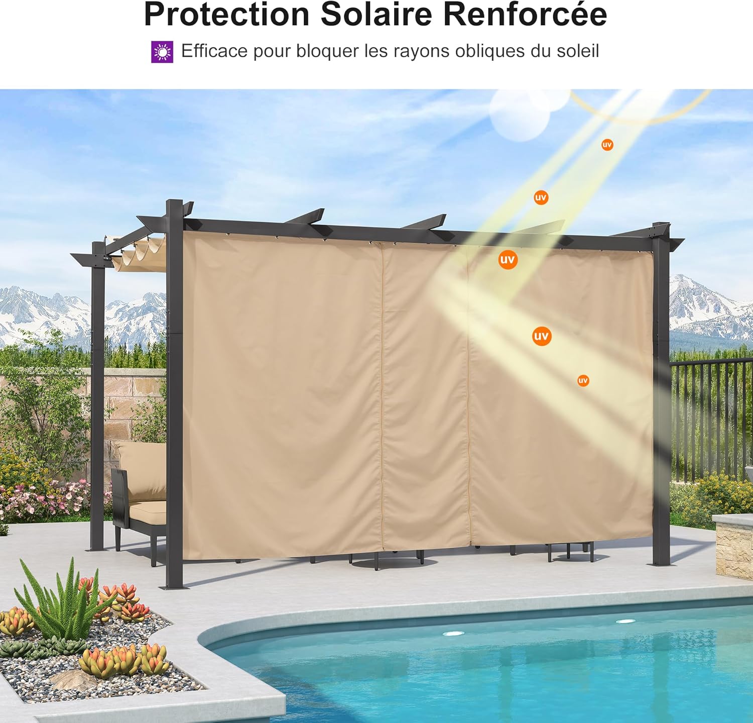 jardinite - pergola aluminium - 4x3m - rideau, toit rétractable, kaki