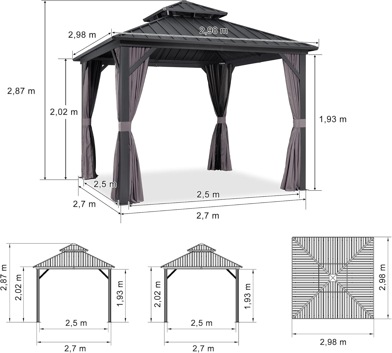 jardinite - Tonnelle de jardin alu 3x3 m toit double, rideaux, gris
