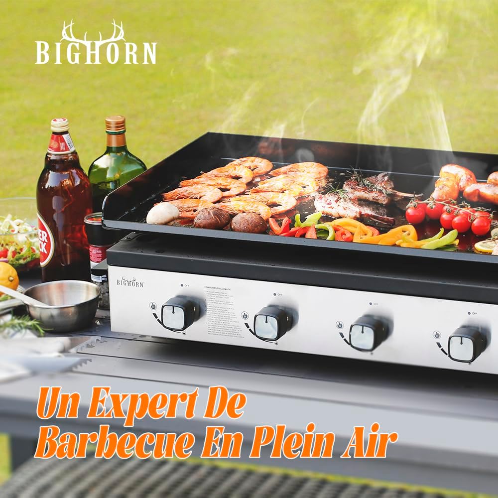 Plancha à gaz - 4 brûleurs, 10kW, noir, grande surface de cuisson