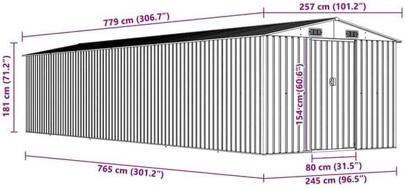 Abri de jardin - gris, acier galvanisé, 257x779x181 cm, 156,46kg