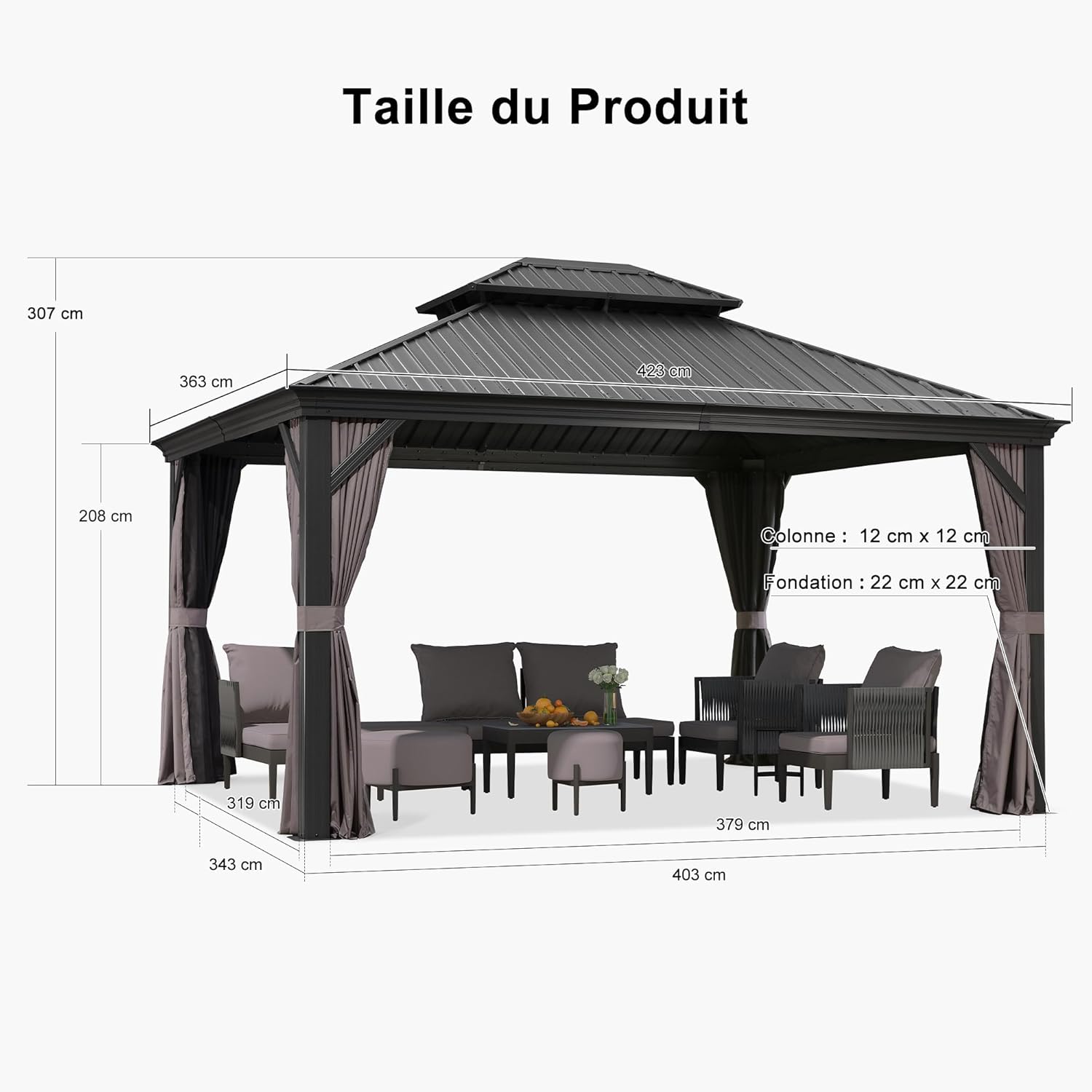 jardinite - tonnelle aluminium - 4,25x3,65m - éclairage intégré, rideaux moustiquaires, gouttière, poteaux renforcés