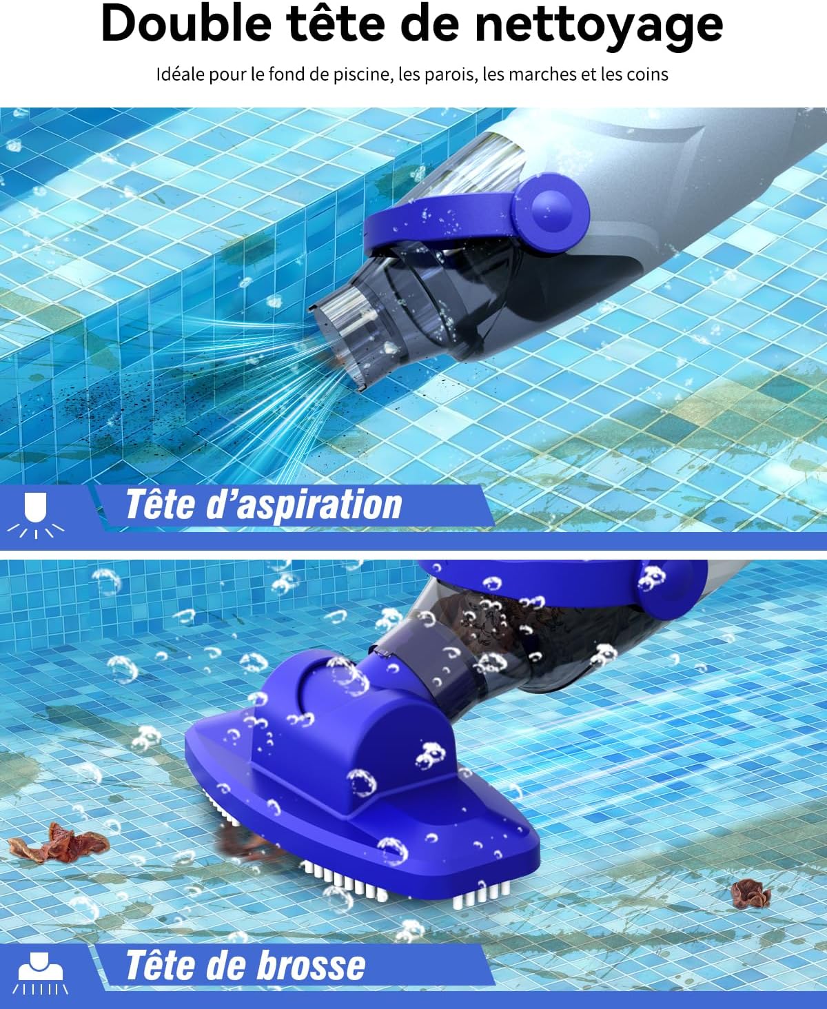 Aspirateur piscine manuel - 60 min autonomie - filtres & brosse - compact