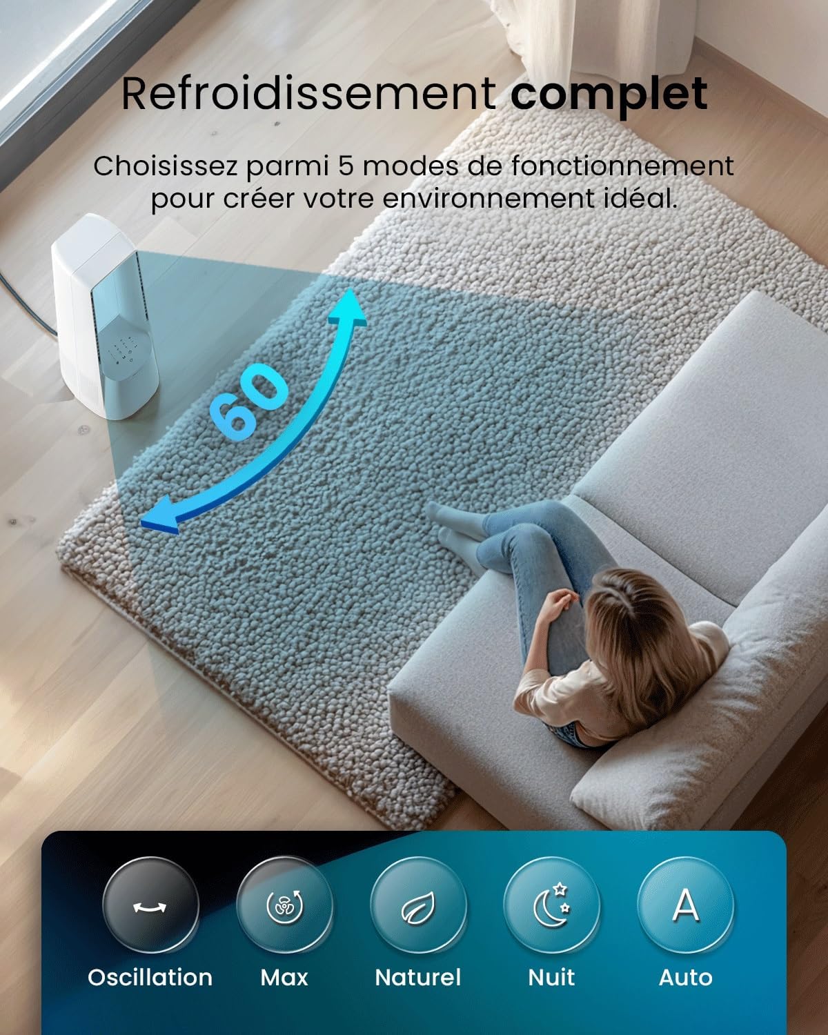 jardinite - Ventilateur Tour WiFi Intelligent 101cm - Silencieux, LED, télécommande, 6 vitesses, oscillation