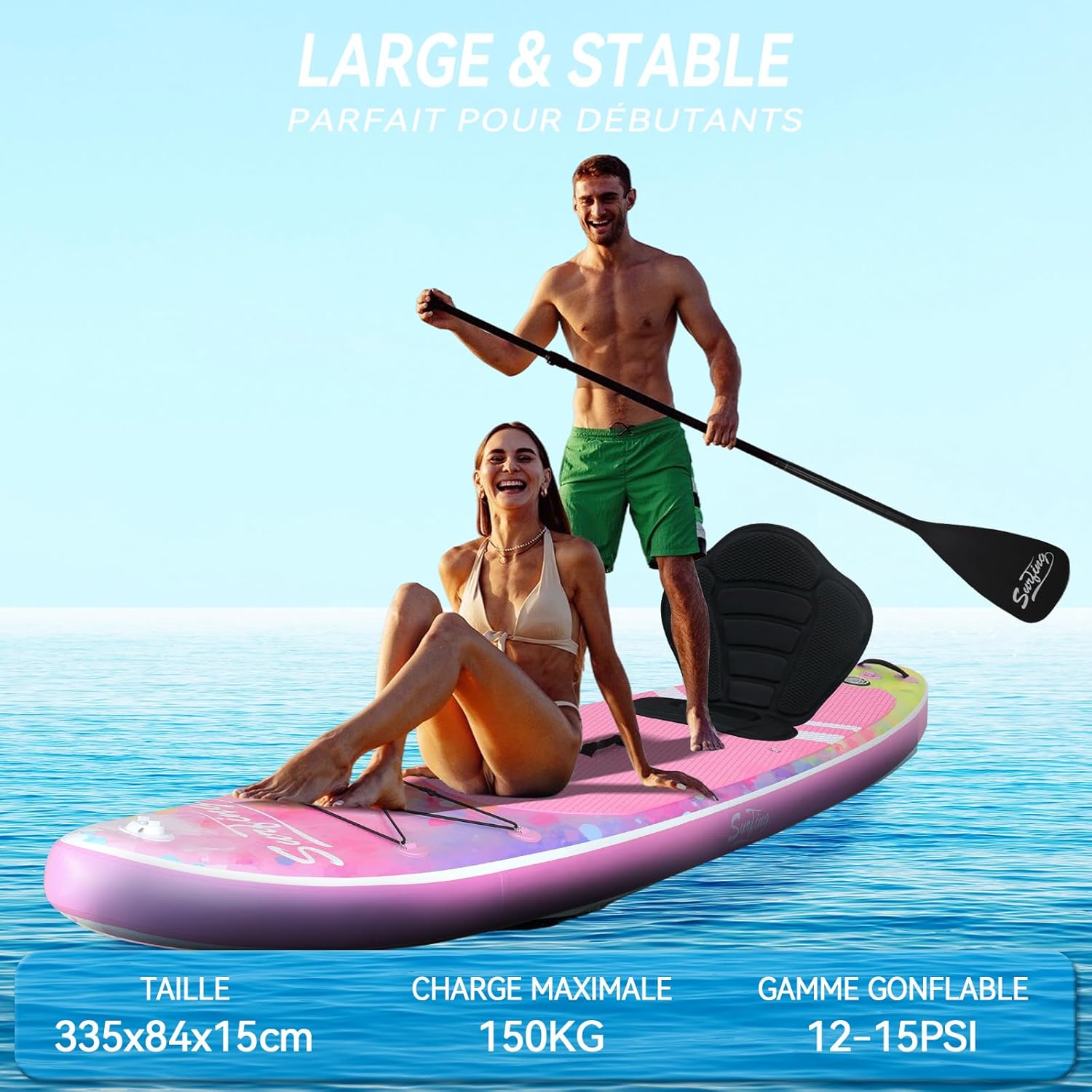 jardinite - Paddle gonflable 320/335cm - 2 pers, siège kayak, 150kg