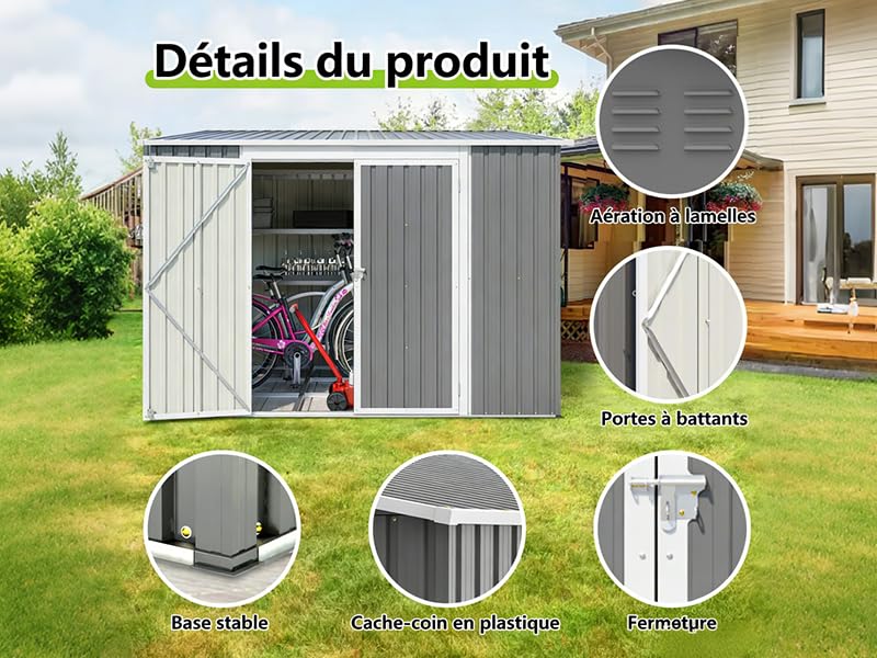 Le texte indique « Détails du produit ». Schéma commercial d'un hangar de rangement extérieur présentant des caractéristiques telles que des portes coulissantes et des éléments structuraux avec des légendes circulaires.