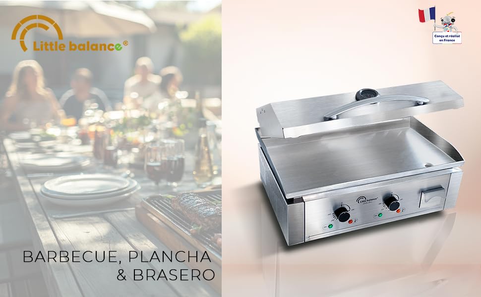 Le texte indique « jardinite » et « BARBECUE, PLANCHA & jardinite ». Cuisinière commerciale en acier inoxydable avec deux brûleurs sur fond de table.