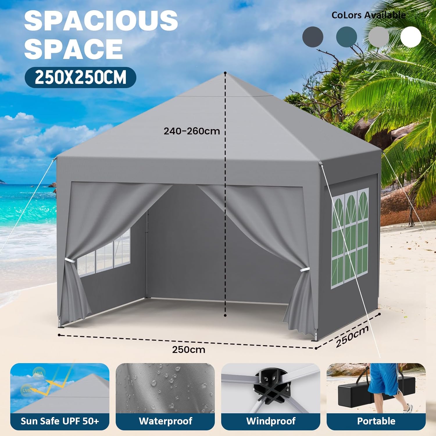 Tonnelle de jardin - modèle pliant - 2.5x2.5m - imperméable, UV50+, hauteur réglable, avec 4 côtés et sac de transport