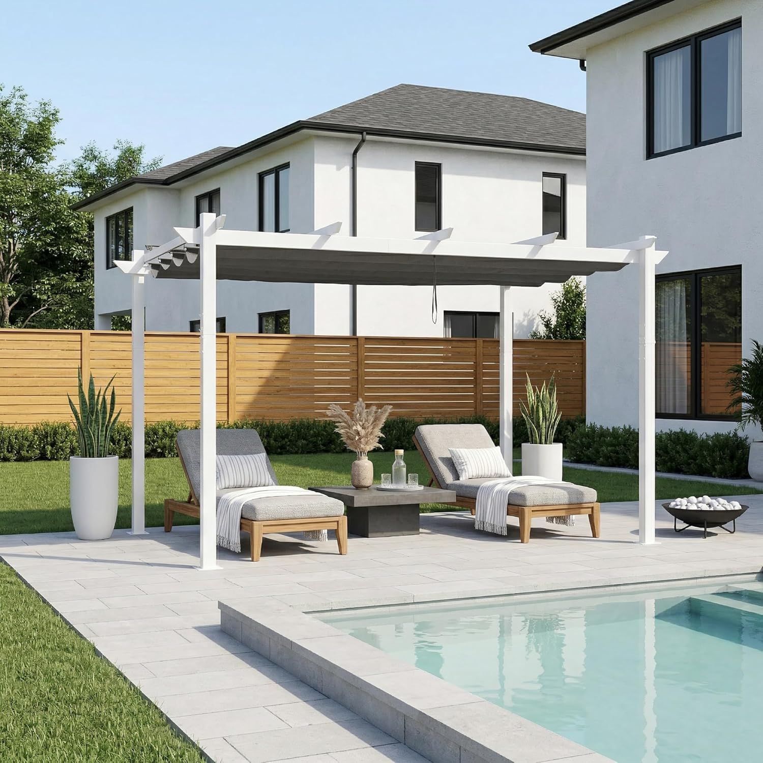 jardinite - pergola aluminium - 4x3m - éclairage intégré, toit protégé, blanc/gris
