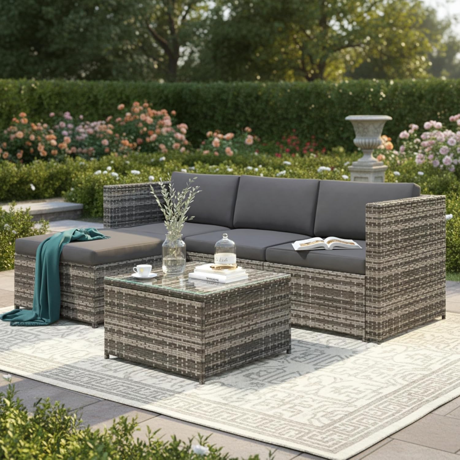Salon de jardin modulable 4 places, poly rotin, coussins, table verre