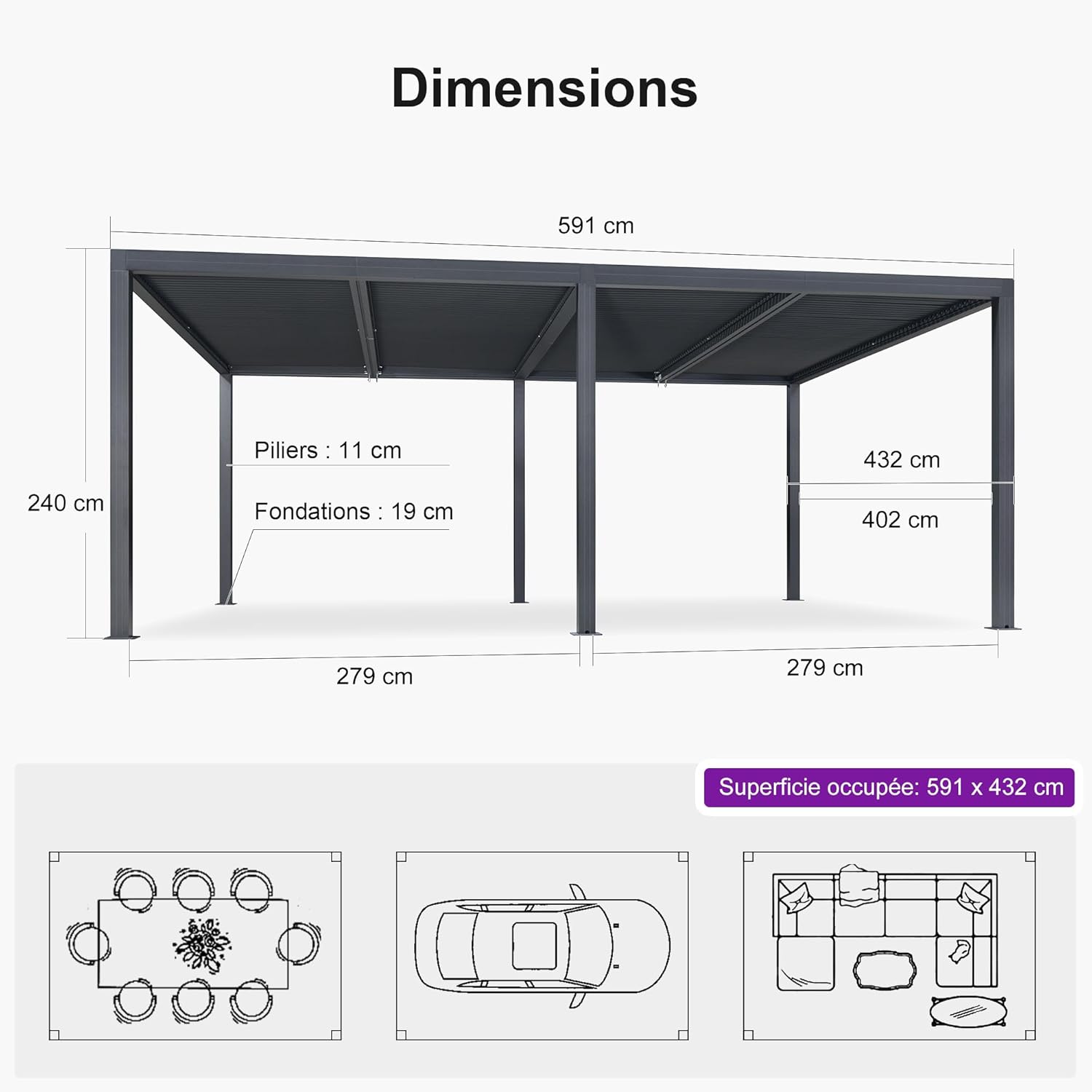 jardinite - pergola bioclimatique - 6x4,24m aluminium, lames indépendantes