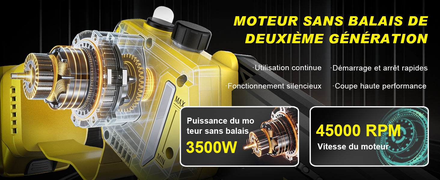 Le texte indique « MOTEUR SANS BALAIS DE DEUXIÈME GÉNÉRATION » et « 45000 tr/min ». Schéma technique montrant la coupe transversale des composants du moteur sans balais surlignés en jaune.