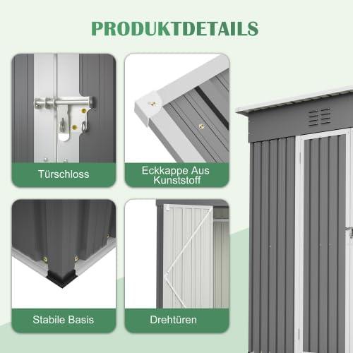 Abri de jardin en métal 242 x 126 x 182 cm – Armoire de jardin résistante aux intempéries avec toit incliné et ventilation – Porte verrouillable, cadre de fondation pour jardin, terrasse, vélo et