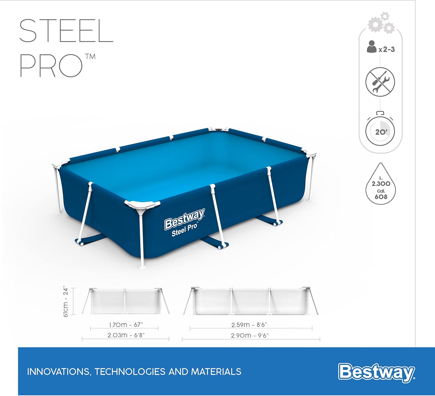 Piscine hors-sol - Rectangle - 2,59m x 1,70m x 61cm - grande capacité, 8'6