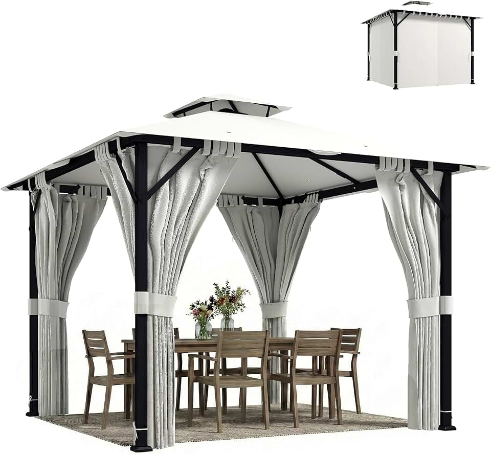 jardinite - tonnelle pavillon 3x3m - métal robuste, toit double, rideaux, UPF50+