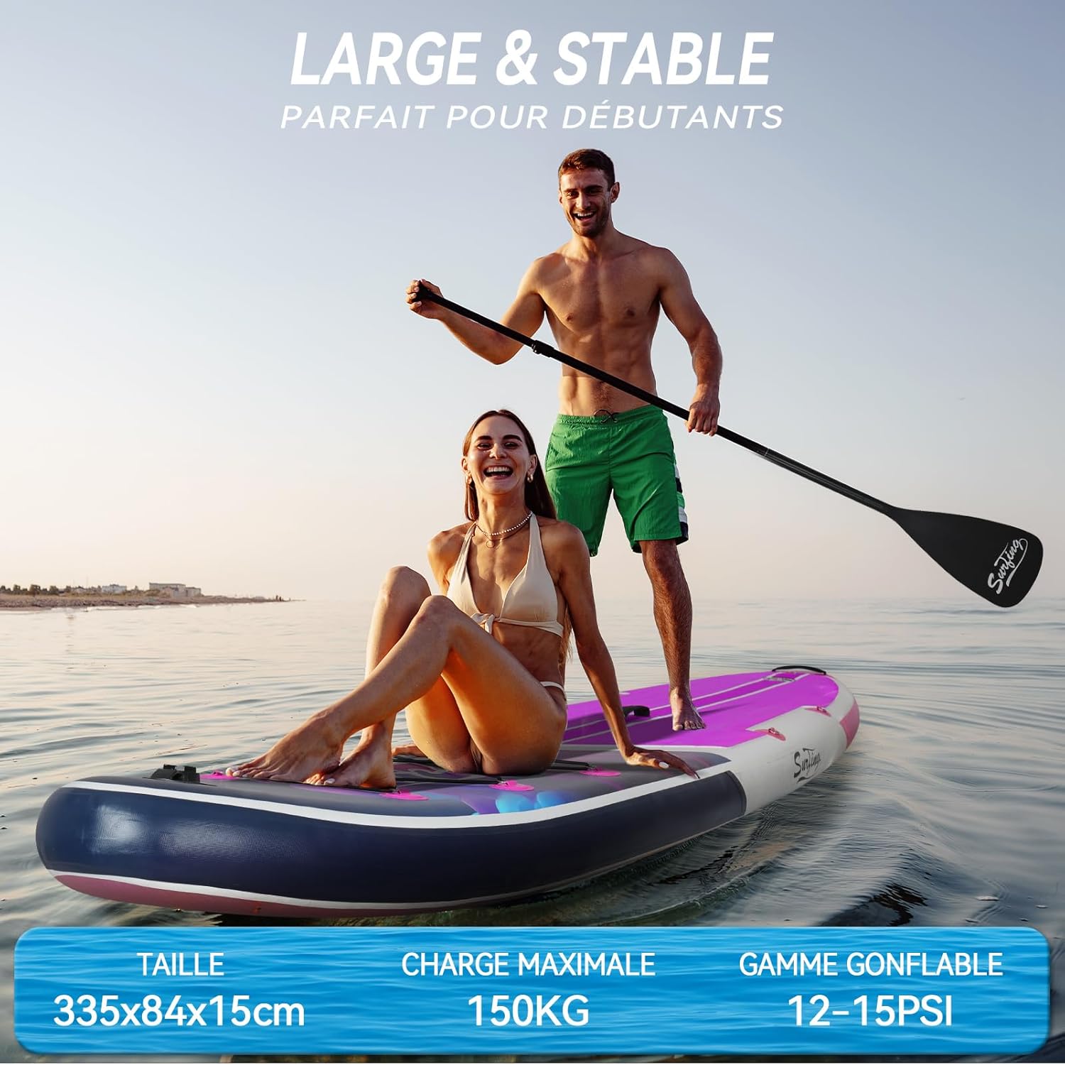 jardinite - Paddle gonflable 320/335 cm - 2 places, siège kayak, pagaie, pompe, 150 kg