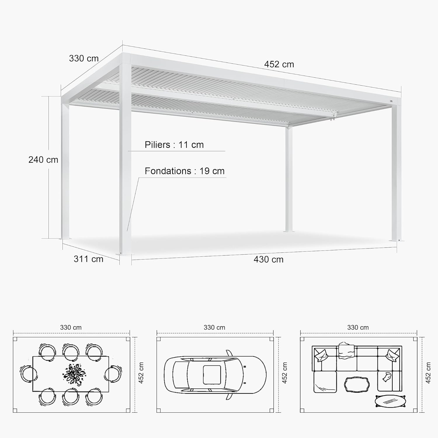 jardinite - Pergola bioclimatique aluminium 4,6x3,3m, lames orientables, blanc