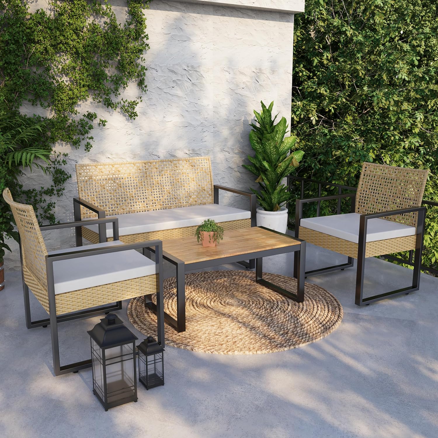 jardinite - Salon de jardin 4 pièces, acier/acacia, 2 chaises + banc, beige/naturel
