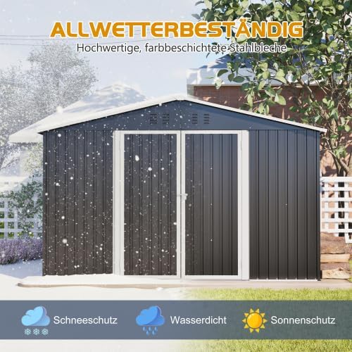 Abri de jardin en métal 300 x 252 cm – Noir – Grand abri de jardin résistant aux intempéries avec toit à pignon, pour vélos et outils, abri de jardin XXXL