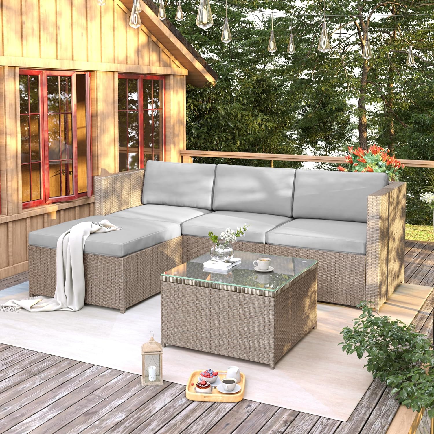 Salon de jardin modulable poly rotin 4 places, coussins, table verre