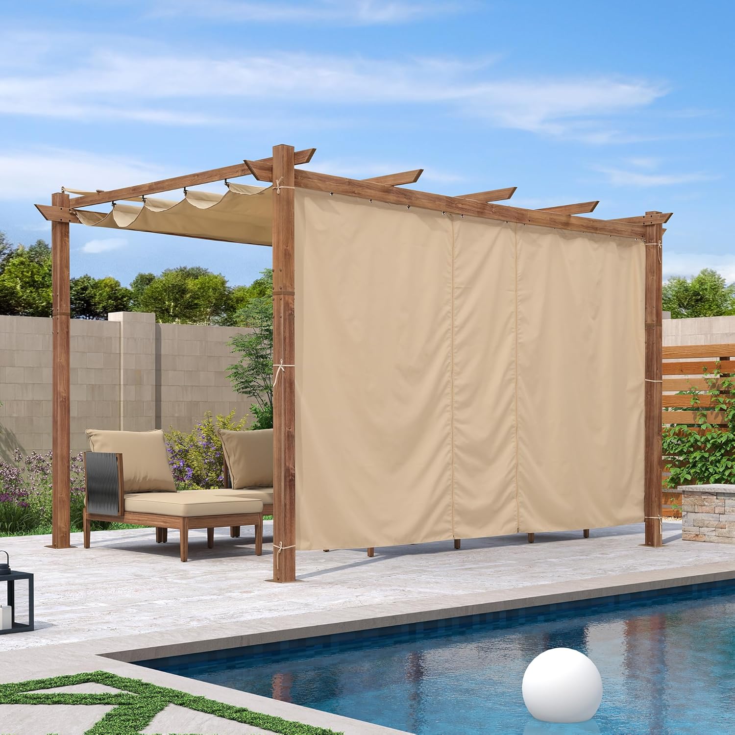 jardinite - Pergola alu finition teck 4x3m - toile rétractable, rideau, kaki