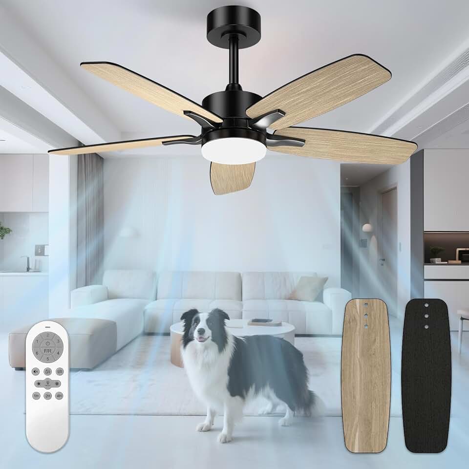 Ventilateur plafond LED 106cm, 5 pales bois/noir, télécommande, minuterie, 6 vitesses