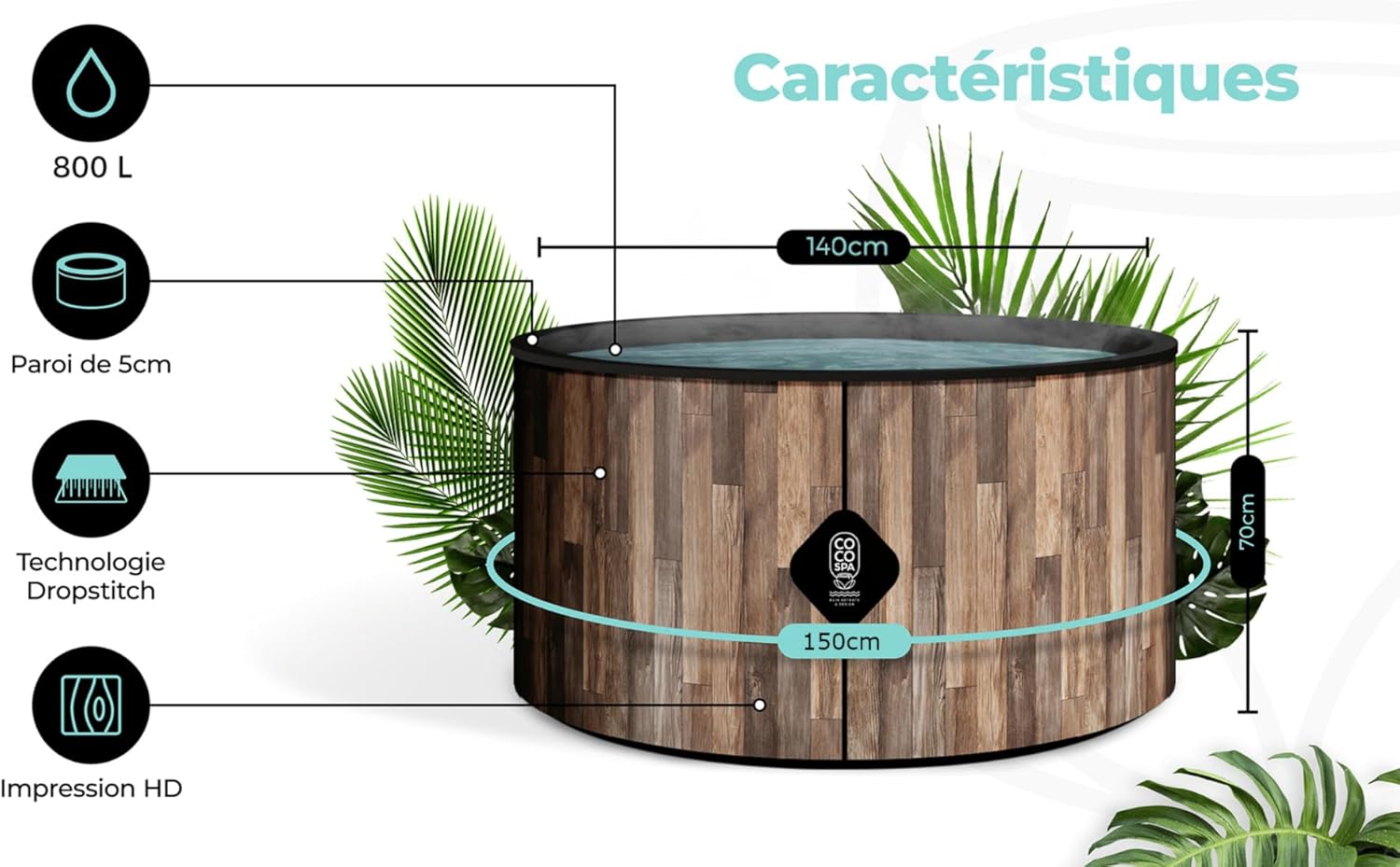 jardinite Nordik Spa Gonflable - 150 cm de diamètre - 800 litres - Moteur 2240 W - 2 à 4 Personnes - Massage 140 Jets