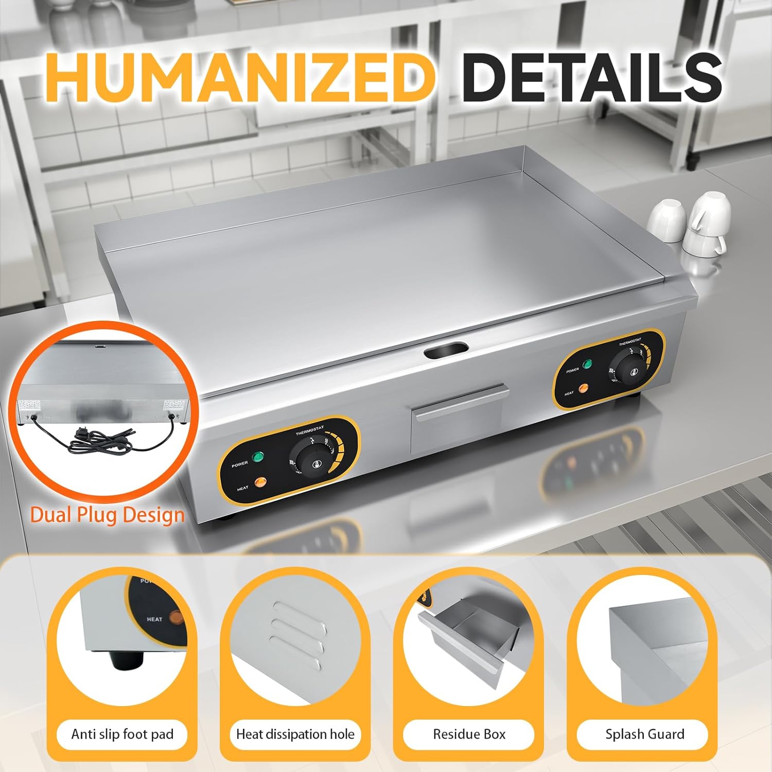 Plancha électrique inox professionnelle 73x43cm 4400W, 2 thermostats