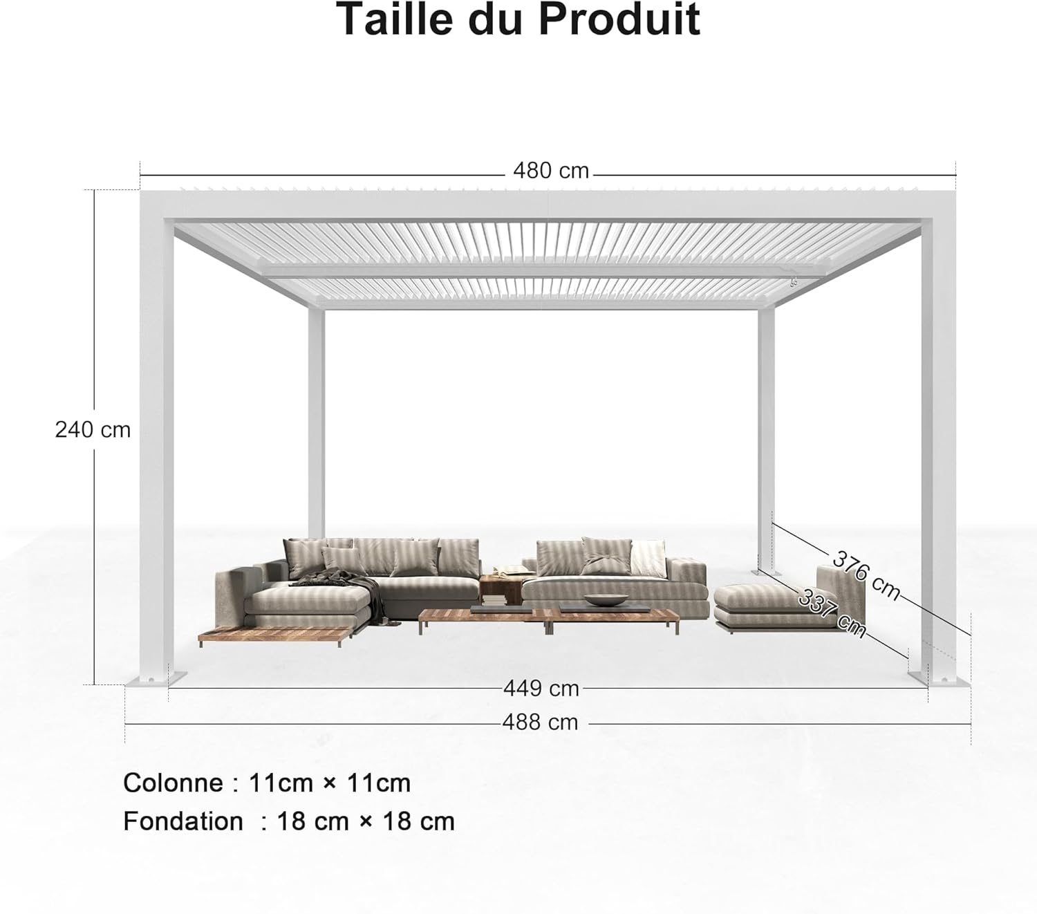 jardinite - Pergola bioclimatique - 4,8x3,68m - lames orientables, éclairage intégré, aluminium, blanc