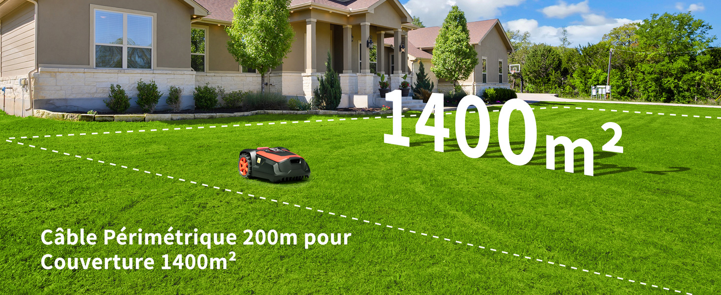 montrant une surface de 1 400 m² avec une capacité de câble périphérique de 200 m. Maison et cour paysagée visibles.