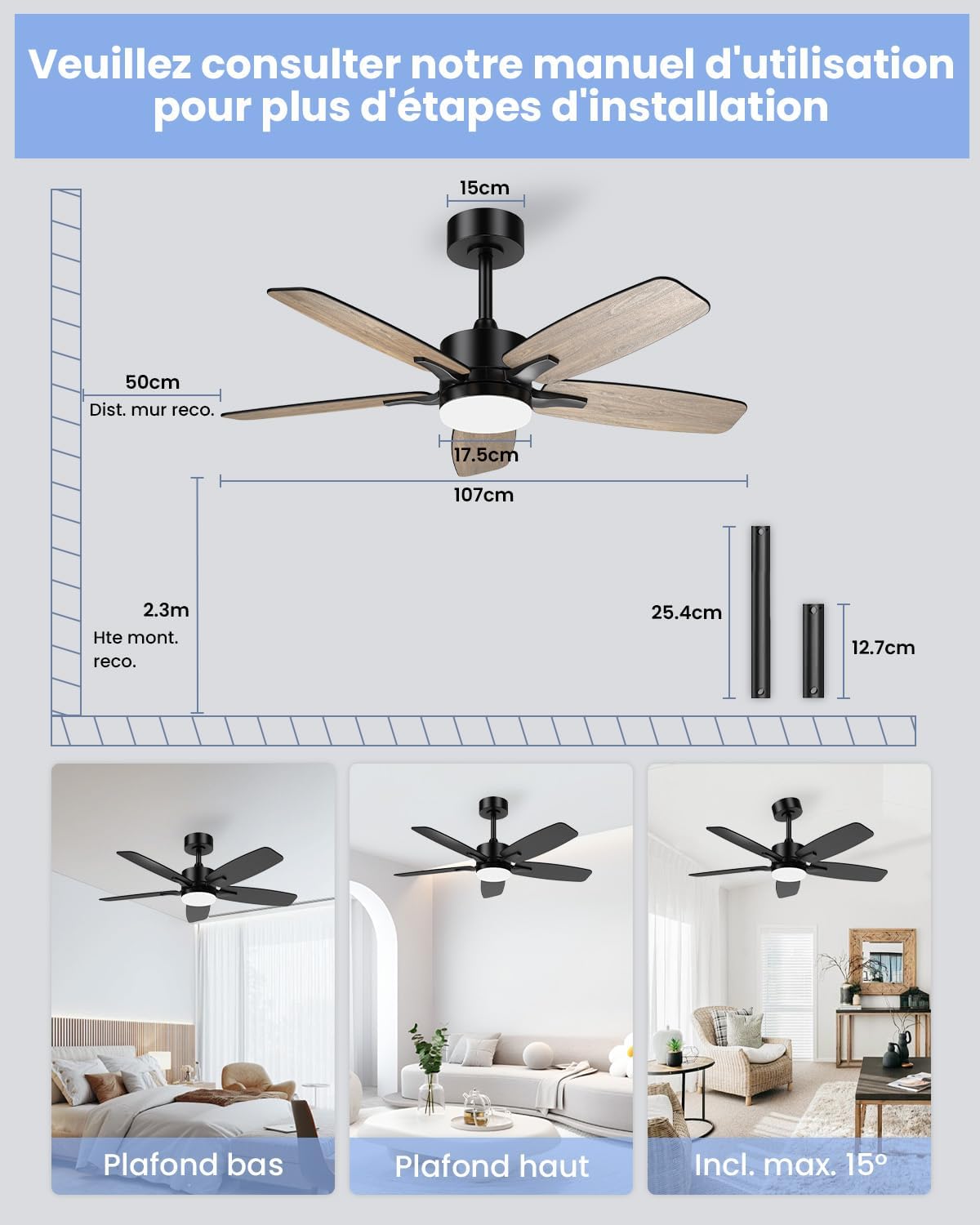 Ventilateur plafond LED 106cm, 5 pales bois/noir, télécommande, minuterie, 6 vitesses