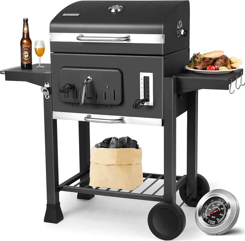 jardinite - Barbecue XXL, charbon, couvercle, roues, thermomètre - jardinite