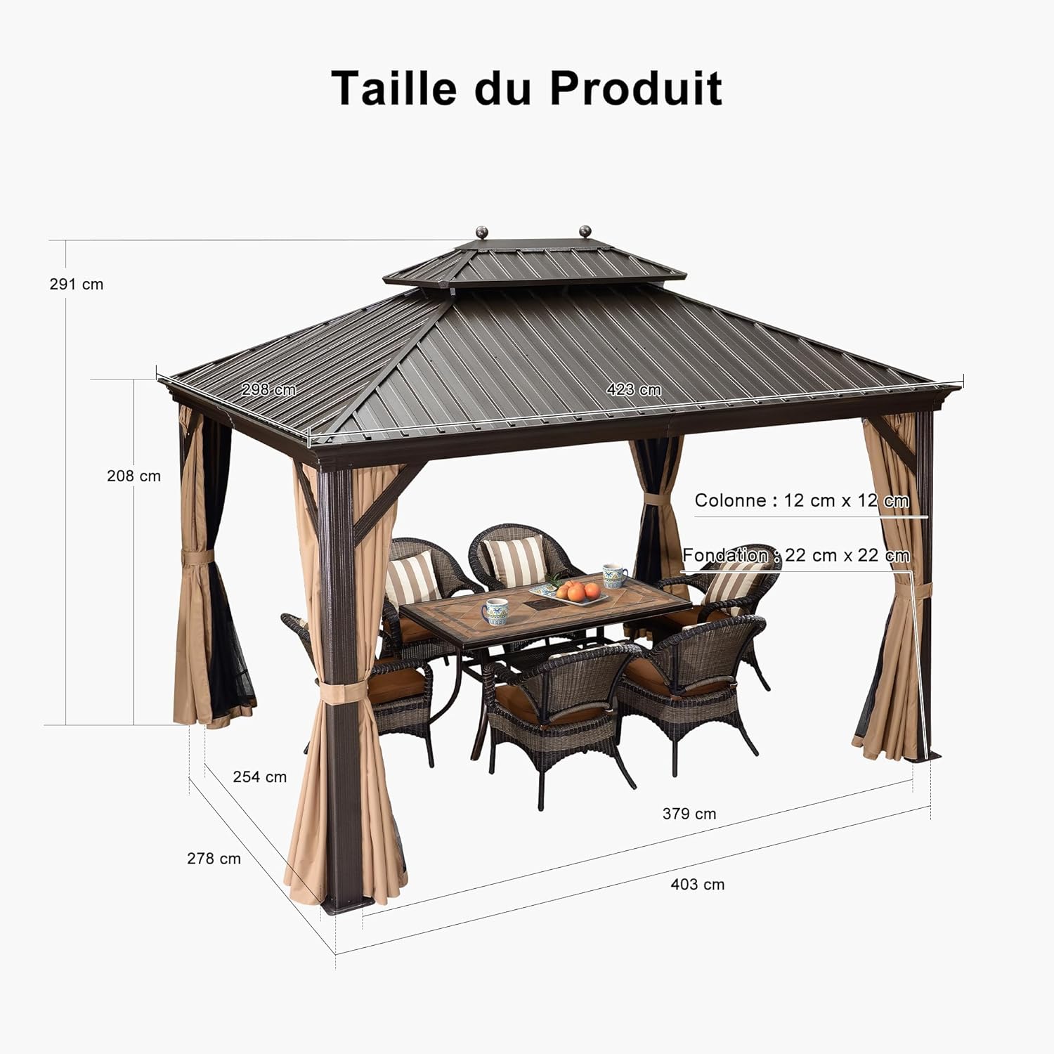 jardinite - pergola extérieure 4,25x3m - alu, LED, rideaux, gouttière