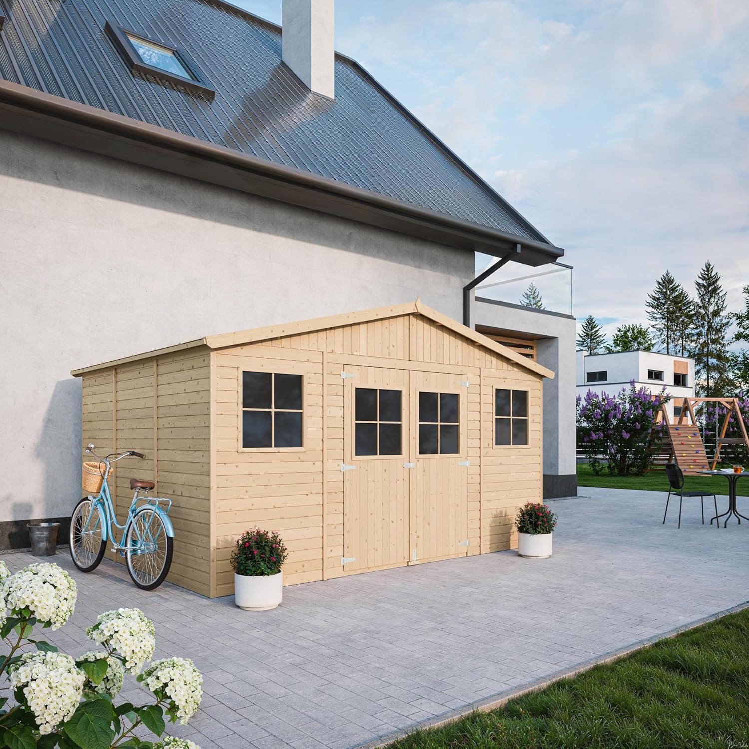 Abri de Jardin en Bois Exterieur avec Plancher IMPRÉGNÉ- Chalet en Pin/épicéa-H246x418x320 cm/12 m²- Construction de Panneaux - Rangement pour vélos, Remise à Outils- jardinite M331+M331G