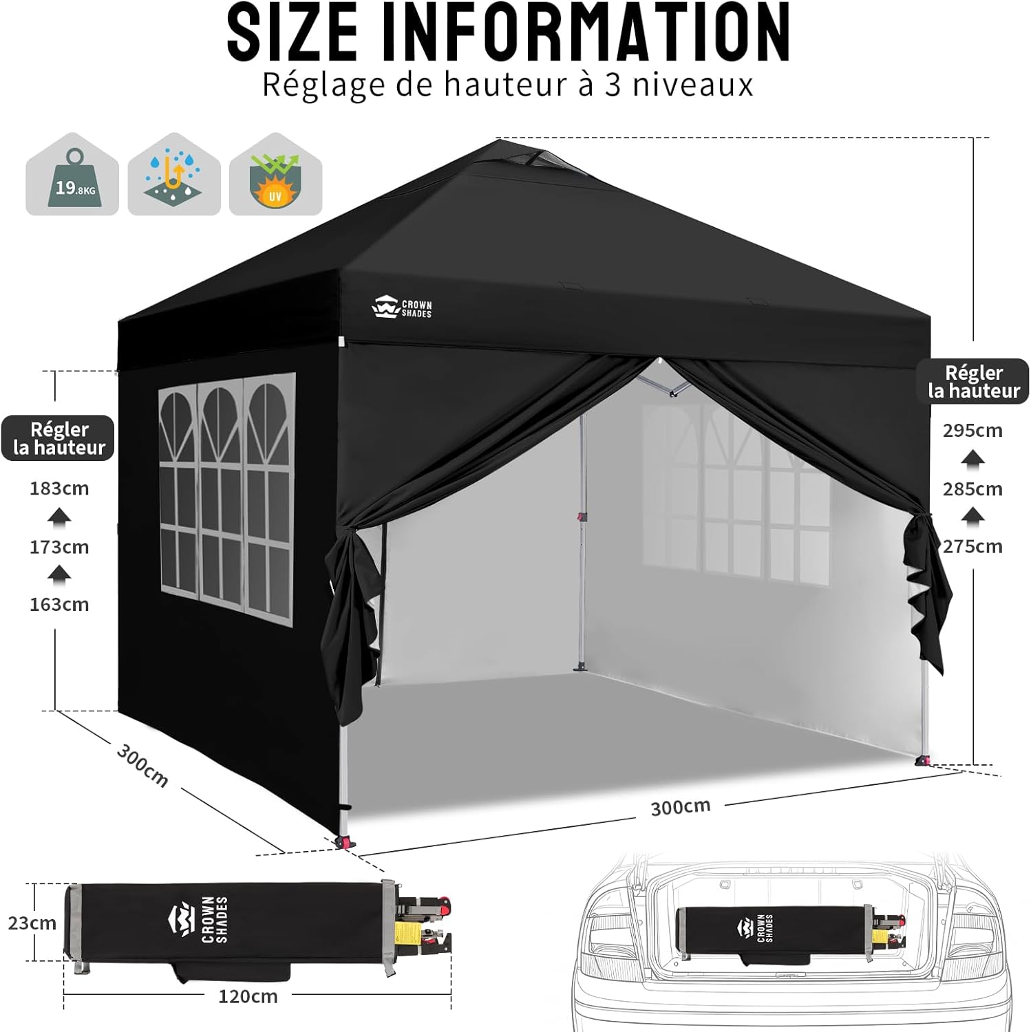 jardinite - Tonnelle pliante 3x3m imperméable, P/Pop-Up, 4 parois amovibles, Sac, UPF 50+ - CN0032