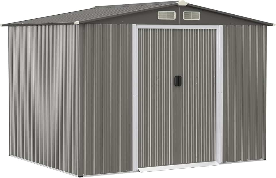 jardinite 4,74㎡ Abri de Jardin en Métal Galvanisé avec Base, Cabine de Jardin Extérieur Porte Coulissante, Résistant aux Intempéries, Cabane de Rangement à Outils 8,59m³, 260 x 207x181cm, Toit Gris Foncé
