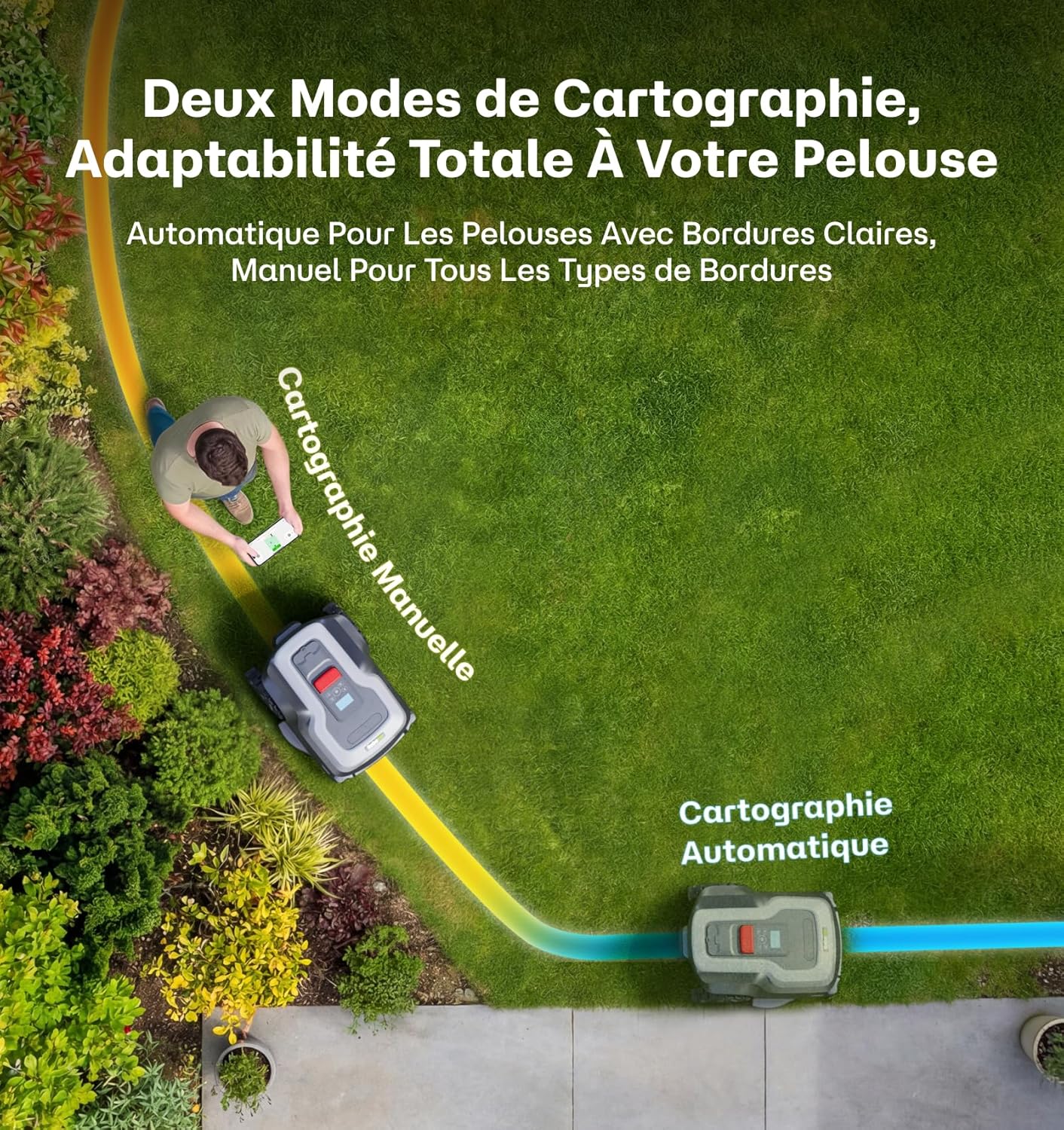 Robot tondeuse sans fil - 1500㎡ - tonte personnalisée, pente 24°, bordures précises, T1200Pro