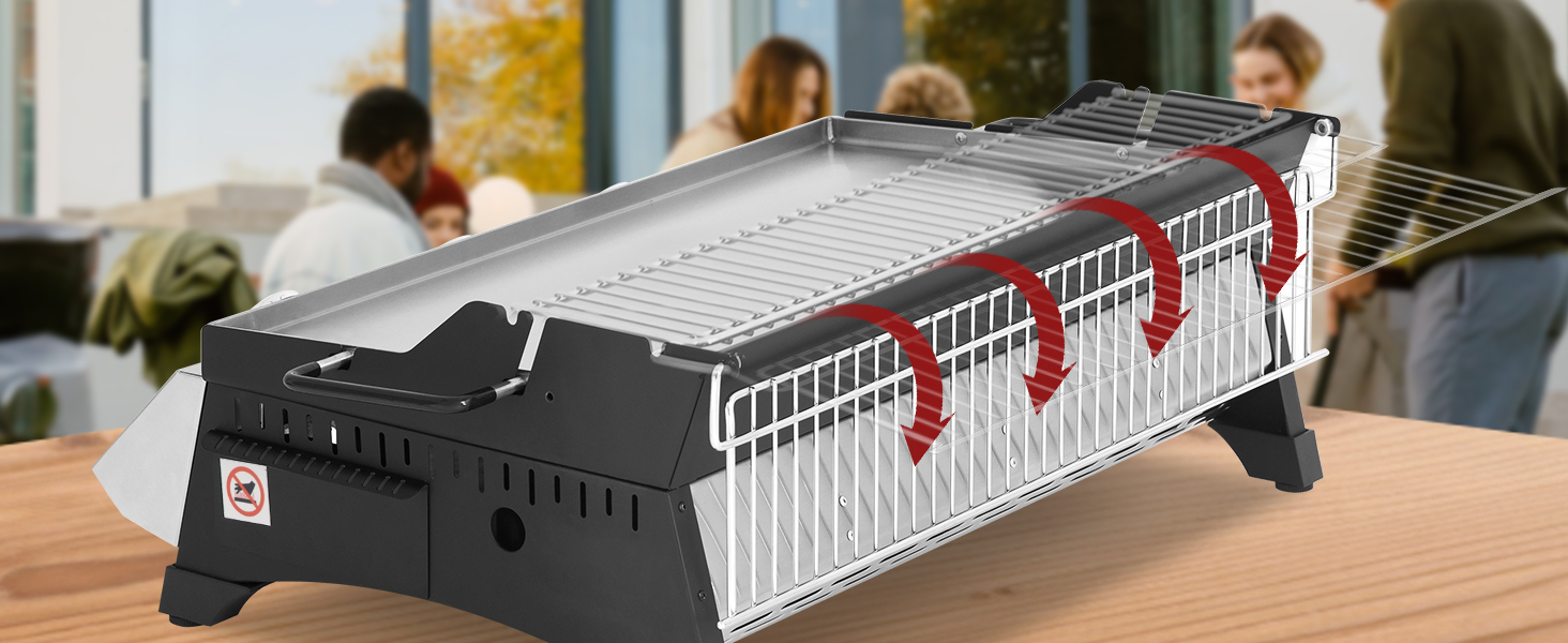 avec grille métallique et poignées rouges. Base noire avec contrôle de température. Convient pour la cuisine en intérieur ou en extérieur.