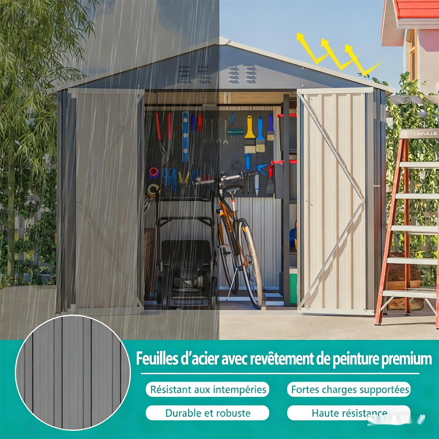 Abri de jardin en acier 229 x 180 x 191 cm, abri à outils avec porte rabattable, ventilation, résistant aux intempéries et verrouillable, anthracite, pour vélos