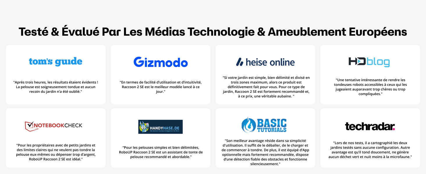 Le texte montre plusieurs logos de publications technologiques, dont « Gizmodo », « techradar » et d'autres marques de médias, disposés horizontalement sur fond blanc.