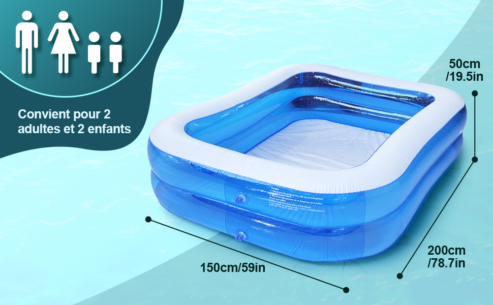 Le texte indique « Convient pour 2 adultes et 2 enfants », « 50 cm/19,5 pouces », « 150 cm/59 pouces », « 200 cm/78,7 pouces ». Pataugeoire gonflable bleue pour enfants aux dimensions indiquées, capacité pour deux adultes et deux enfants.