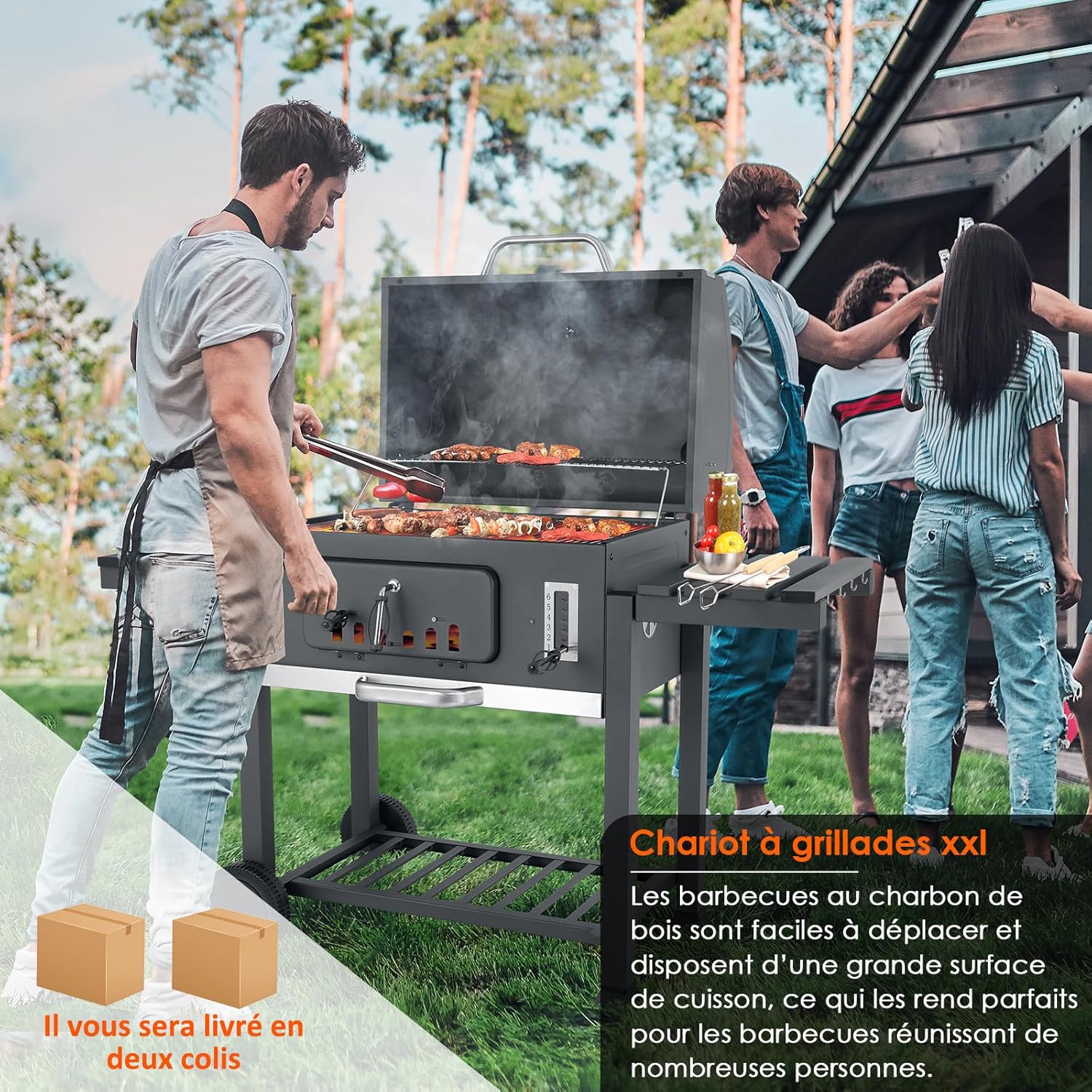 Barbecue au Charbon de Bois - XXL avec couvercle, roues, thermomètre - 152x136x60cm, grande capacité