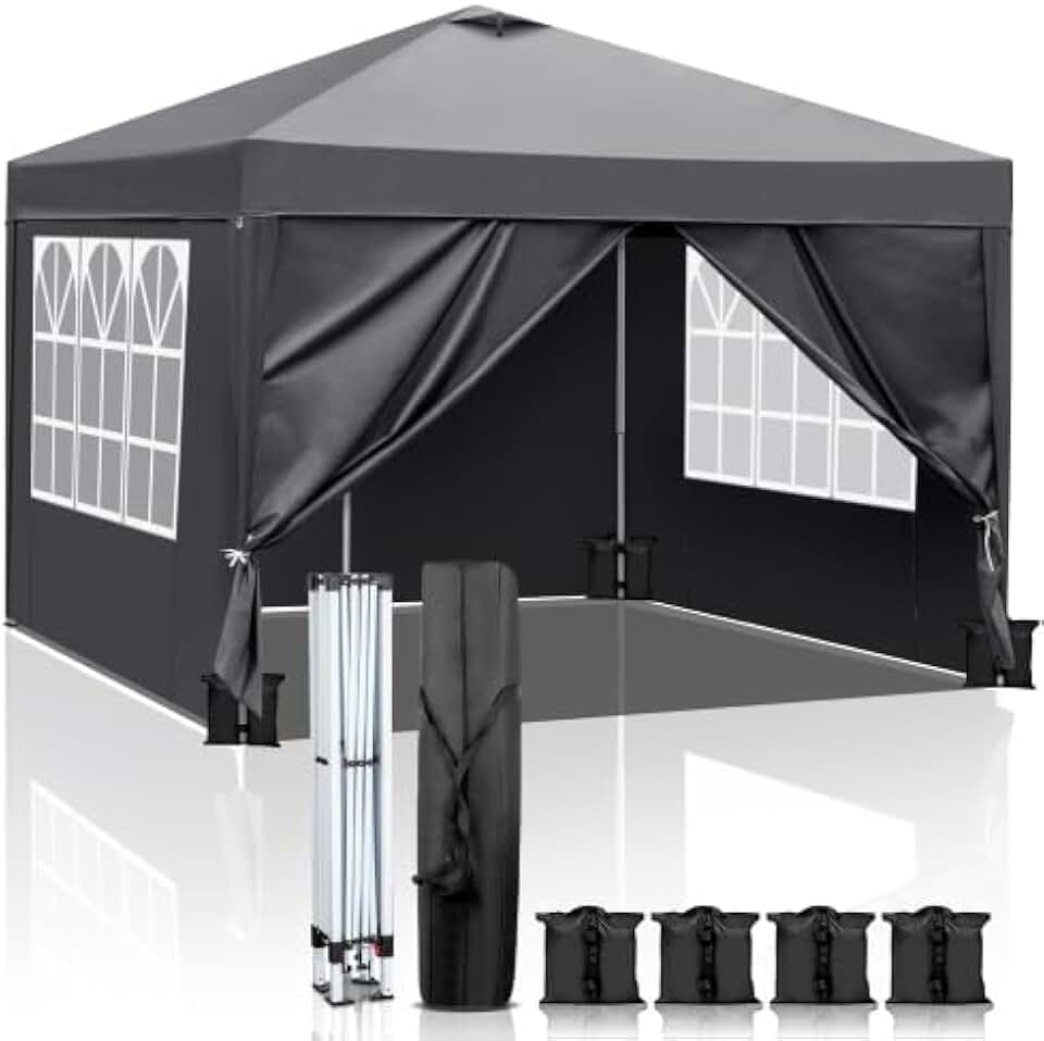 jardinite Tonnelle de Jardin Pliante 3x3 imperméable/Tente Pop-up Inclus Sac de Transport/Barnum Pliant Exterieur Rapide à Installer/Gazebo avec Paquet de 4 Poids Lourd Sable,Gris