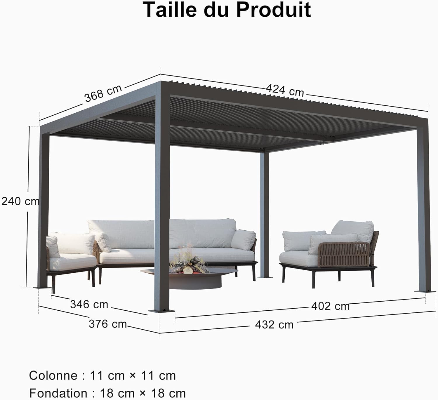 jardinite - Pergola bioclimatique aluminium 4,8x3,68m, LED, lames orientables