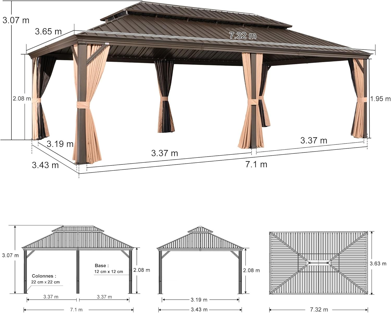 jardinite - tonnelle jardin - 7,32x3,65m - acier galvanisé, rideaux épais, gouttière intégrée