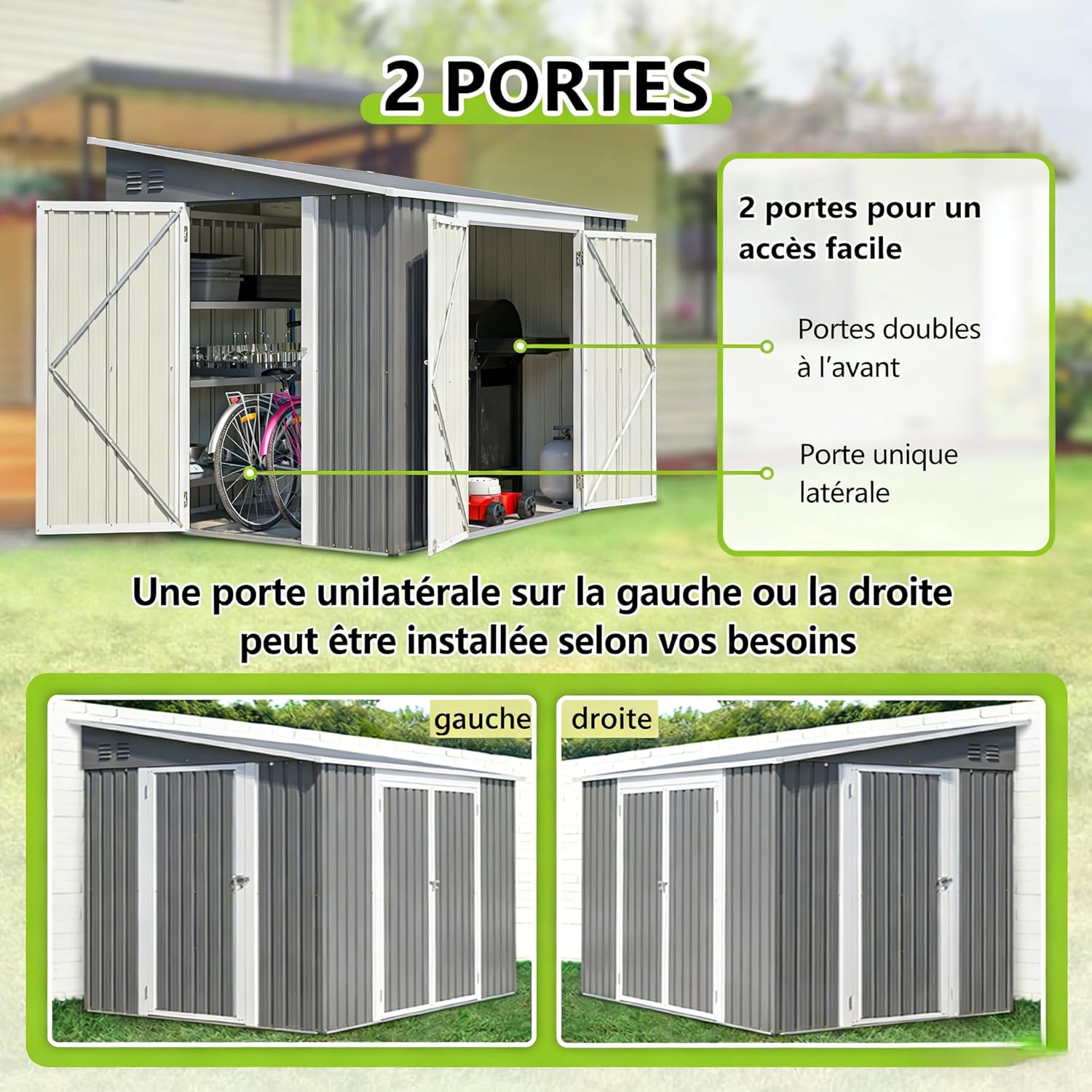 Abri de Jardin Métal 1,8 x 2,4 m – Double Porte Verrouillable avec Sol Inclus – Résistant aux Intempéries pour Rangement des Outils de Jardinage, Tondeuse et Vélo