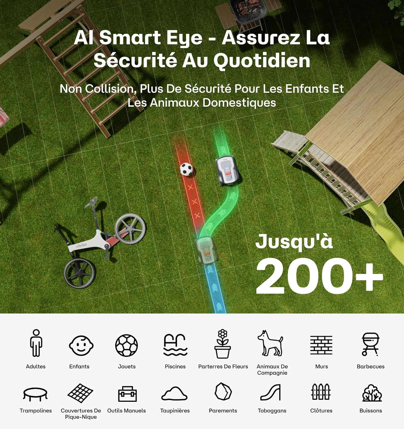 Robot tondeuse sans fil - 1500㎡ - tonte personnalisée, pente 24°, bordures précises, T1200Pro