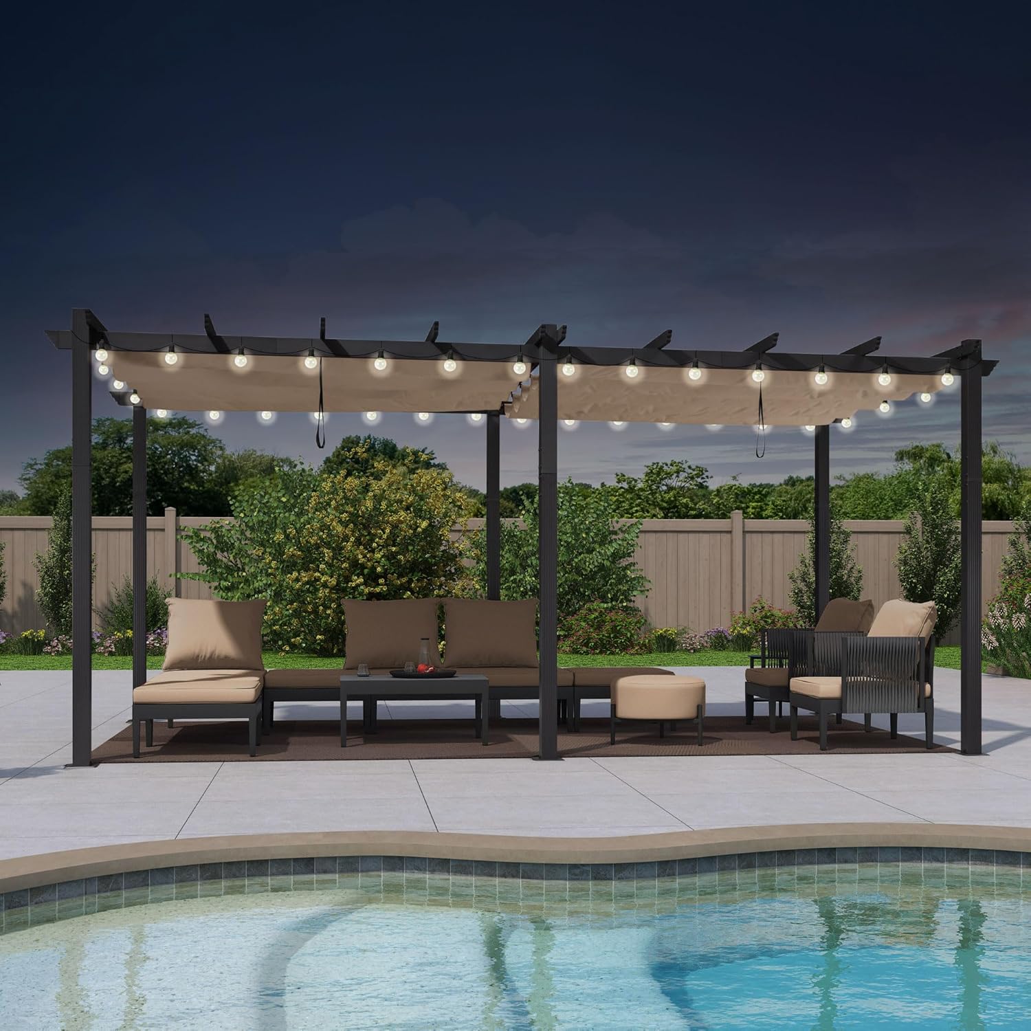 jardinite - Pergola alu 5,5x3m, toit rétractable LED, kaki