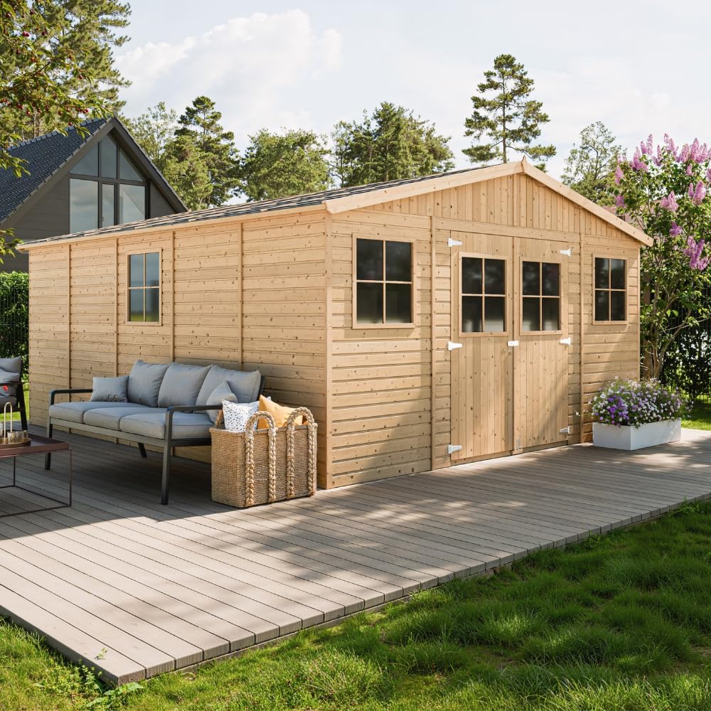 Abri de Jardin en Bois Exterieur avec Les PLANCHERS IMPRÉGNÉ- Maison de Jardin en Pin/épicéa-H246x418x522 cm/20 m²-Construction de Panneaux- Rangement pour vélos, Remise à Outils-jardinite M333 +M333G