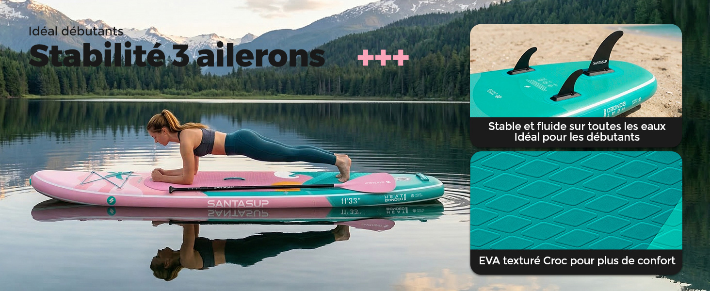 Le texte se lit comme suit : « Estabilidad 3 ailelons » et « ++++ ». Montre un kayak rose sur l'eau avec un pagayeur, une petite image en médaillon d'un équipement nautique technique avec le texte « NOUVELLE gamme technique, innovation à prix avantageux ».